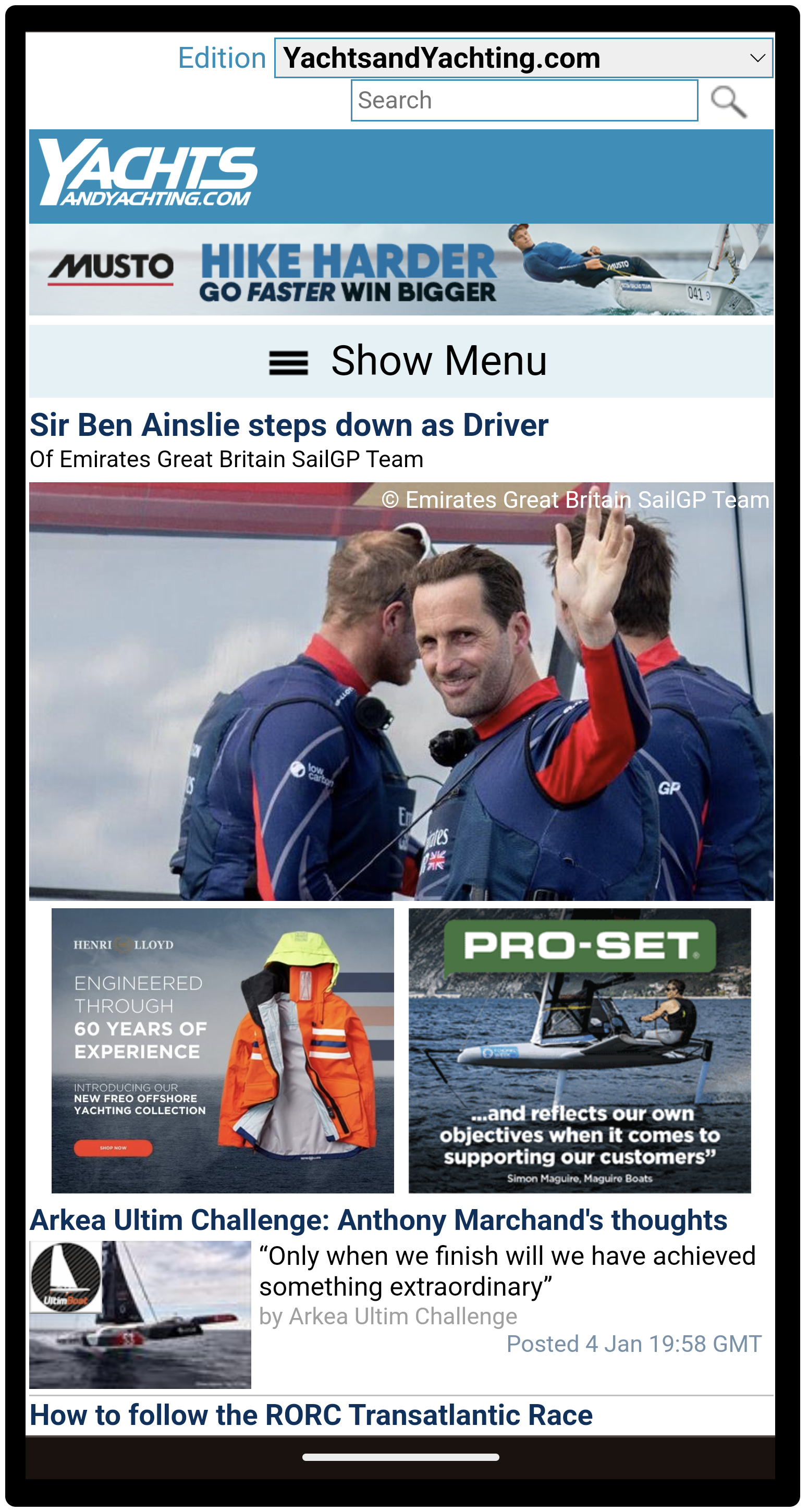 YachtsandYachting.com on a mobile display